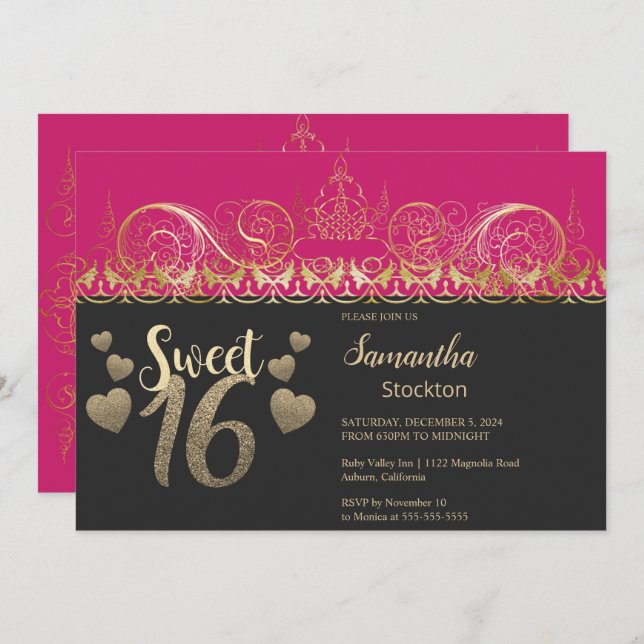 Glamourous Gold Sweet 16 Invitation (Front/Back)