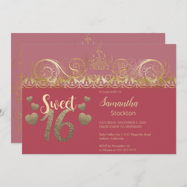 Glamourous Gold Sweet 16 Invitation (Front/Back)