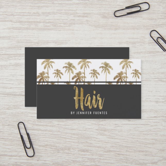 Glamourous Gold Tropical Palm Trees Hair Stylist Business Card (Front/Back In Situ)