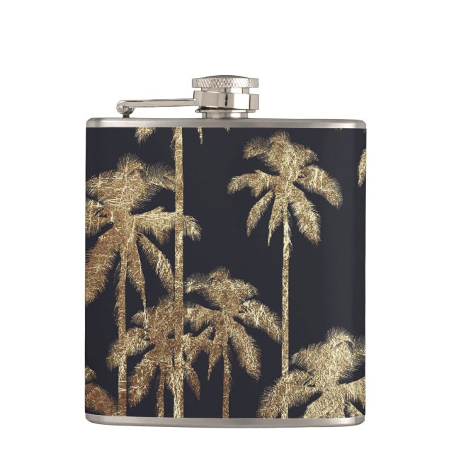 Glamourous Gold Tropical Palm Trees on Black Hip Flask (Front)
