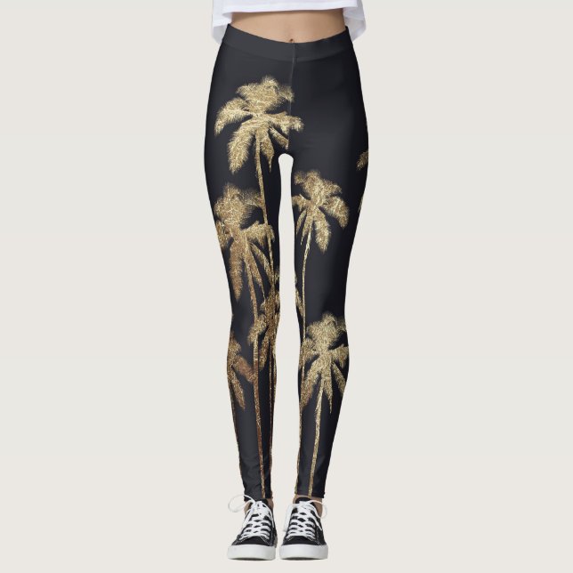 Glamourous Gold Tropical Palm Trees on Black Leggings (Front)