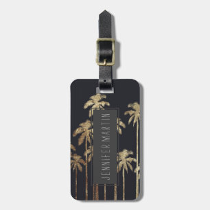 Glamourous Gold Tropical Palm Trees on Black Luggage Tag