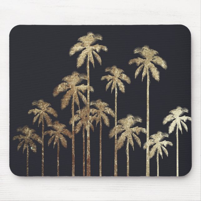 Glamourous Gold Tropical Palm Trees on Black Mouse Pad (Front)