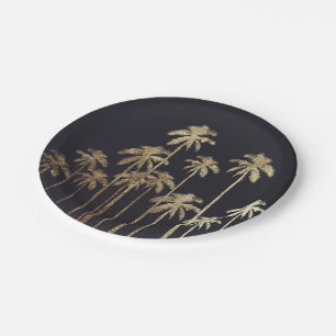 Glamourous Gold Tropical Palm Trees on Black Paper Plate