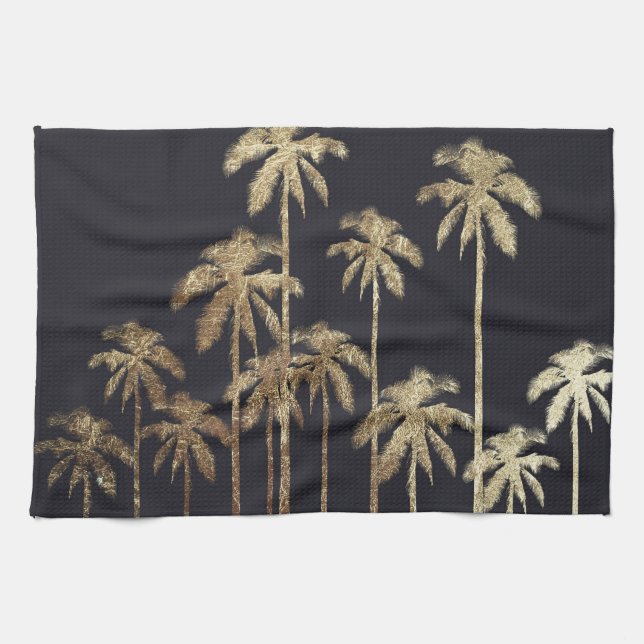 Glamourous Gold Tropical Palm Trees on Black Tea Towel (Horizontal)