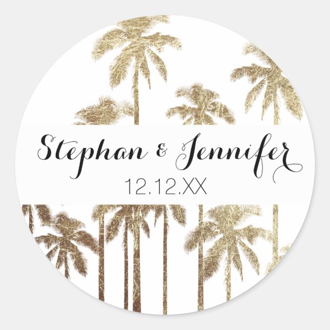 Glamourous Gold Tropical Palm Trees on White Classic Round Sticker (Front)