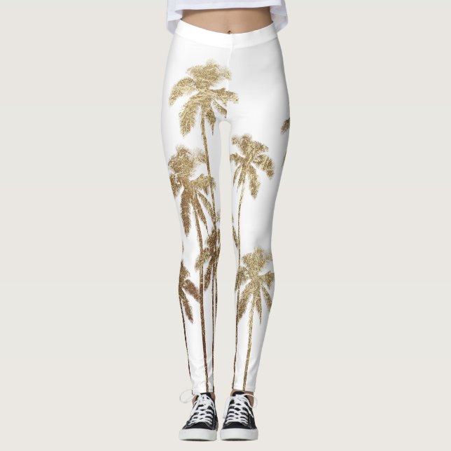 Glamourous Gold Tropical Palm Trees on White Leggings (Front)
