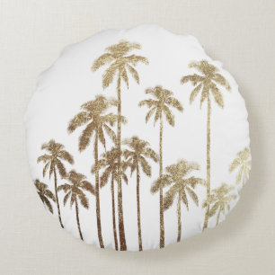 Glamourous Gold Tropical Palm Trees on White Round Cushion