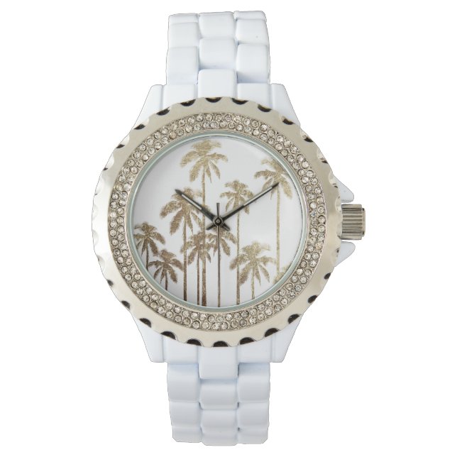 Glamourous Gold Tropical Palm Trees on White Watch (Front)