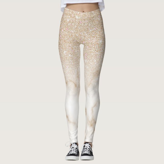 Glamourous Gold White Glitter Marble Gradient Ombr Leggings (Front)