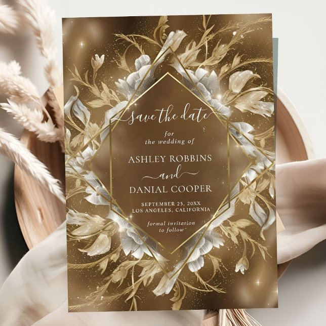Glamourous Golden Themed Floral Save The Date Invitation (Creator Uploaded)