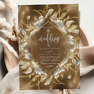 Glamourous Golden Themed Floral Wedding Invitation