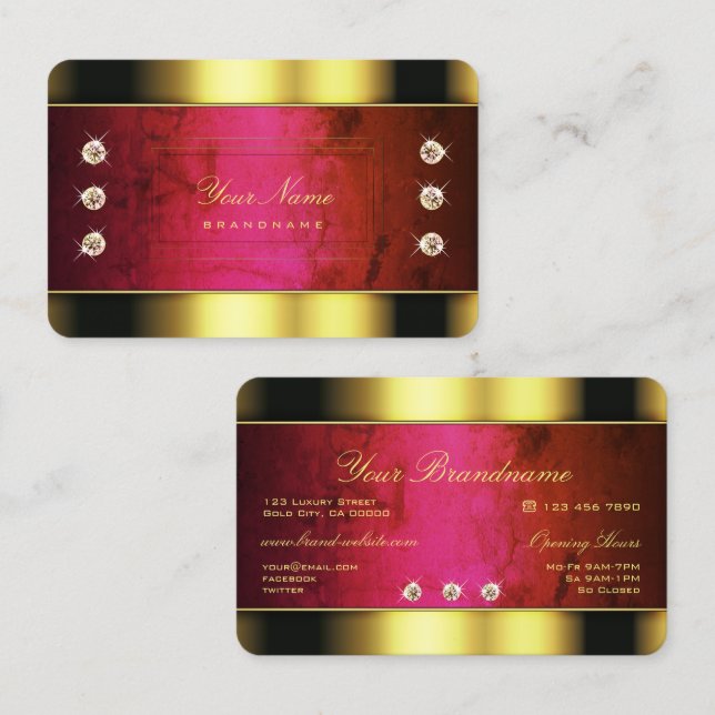 Glamourous Golden with Red Marble and Faux Diamond Business Card (Front/Back)