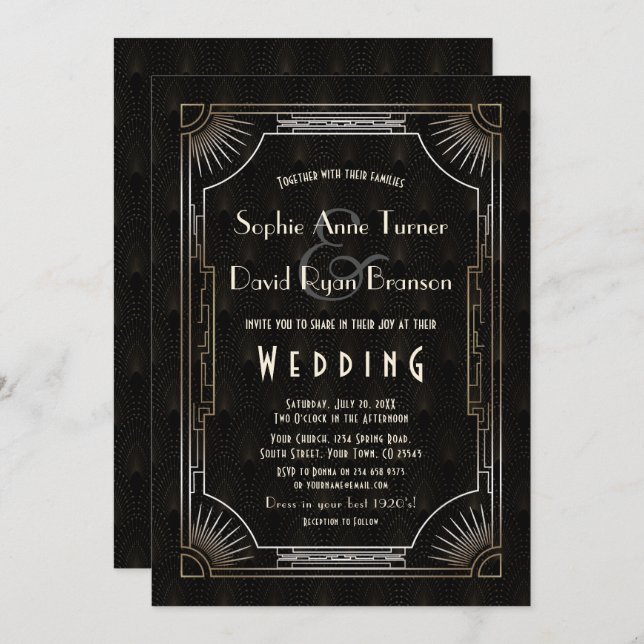 Glamourous Great Gatsby Gold Art Deco Wedding Invitation (Front/Back)