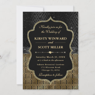Glamourous Greek Key Black Gold Art Deco Wedding Invitation