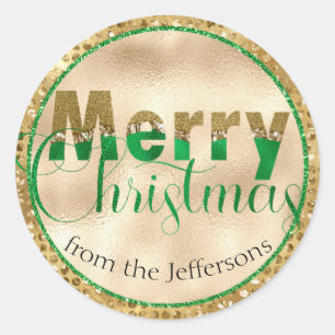 Glamourous Green and Gold Diamonds Merry Christmas Classic Round Sticker