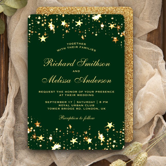 Glamourous Green Gold Faux Glitter Stars Wedding Invitation (Creator Uploaded)