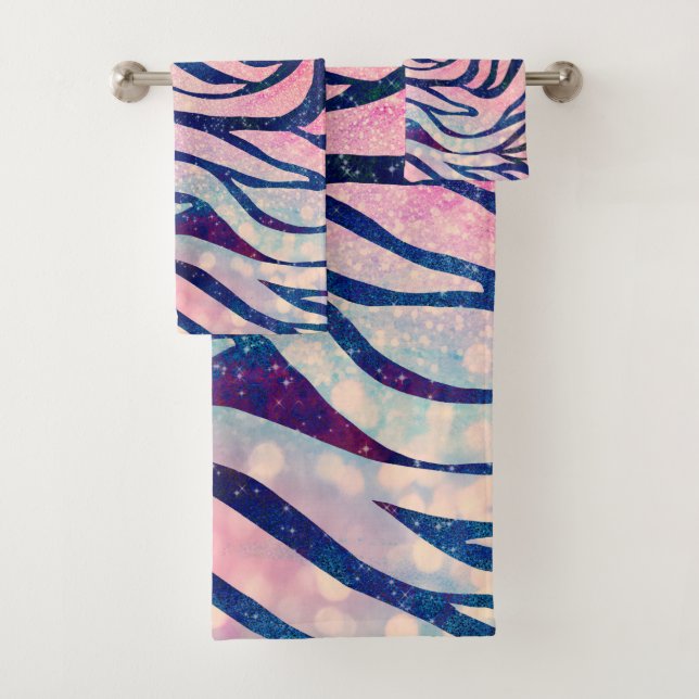 Glamourous Holographic Glitter Blue Zebra Stripes Bath Towel Set (Insitu)