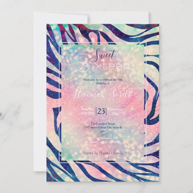 Glamourous Holographic Glitter Blue Zebra Stripes Invitation (Front)
