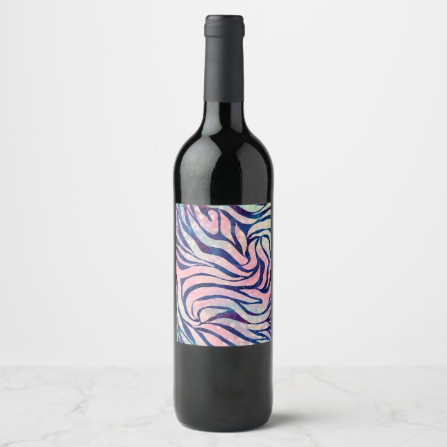 Glamourous Holographic Glitter Blue Zebra Stripes Wine Label (Front)