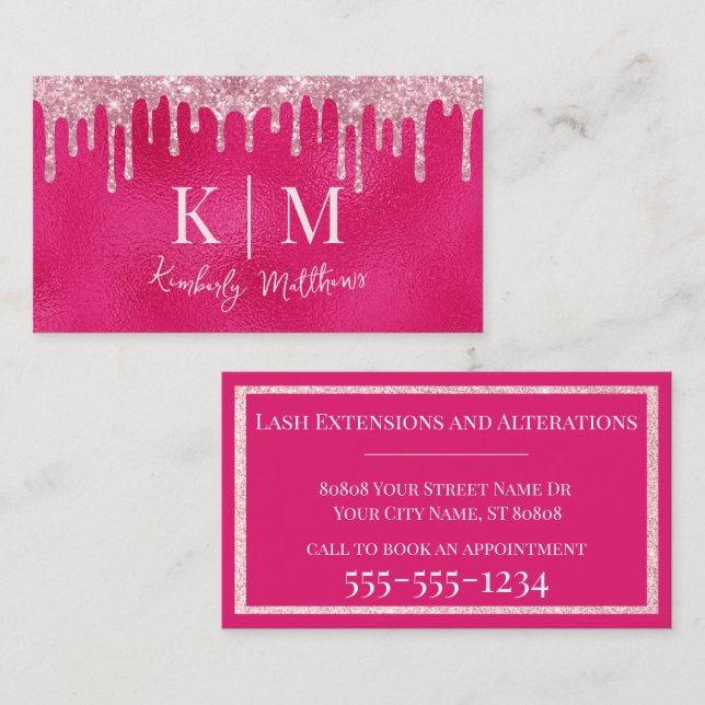 Glamourous Hot Pink Glitter Monogram Initials Business Card (Front/Back)