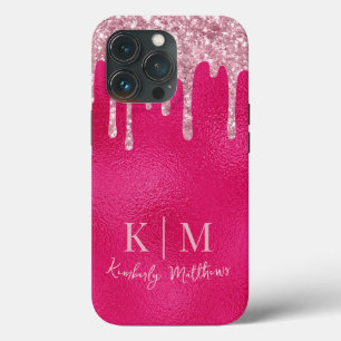 Glamourous Hot Pink Glitter Monogram Initials iPhone 13 Pro Case