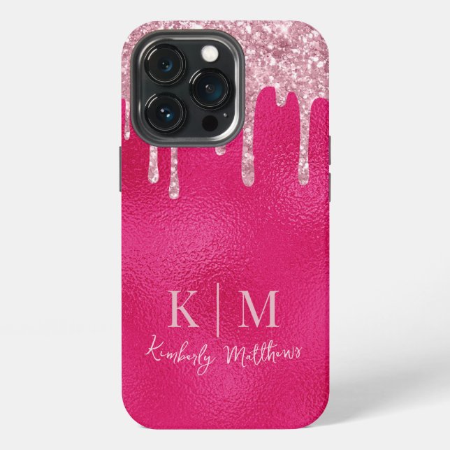 Glamourous Hot Pink Glitter Monogram Initials iPhone Case (Back)