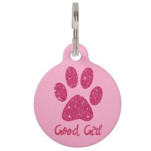 Glamourous Hot Pink Glitter Paw Dog Name Pet Tag