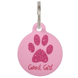 Glamourous Hot Pink Glitter Paw Dog Name Pet Tag