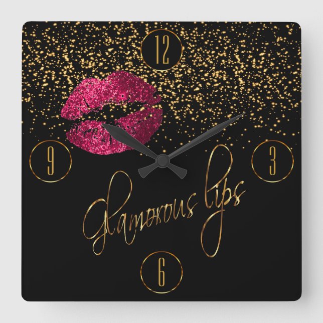 Glamourous Hot Pink Lips and Gold Confetti Square Wall Clock (Front)