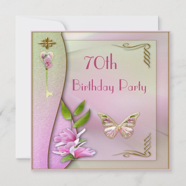 Glamourous Key, Magnolia & Butterfly 70th Birthday Invitation (Front)