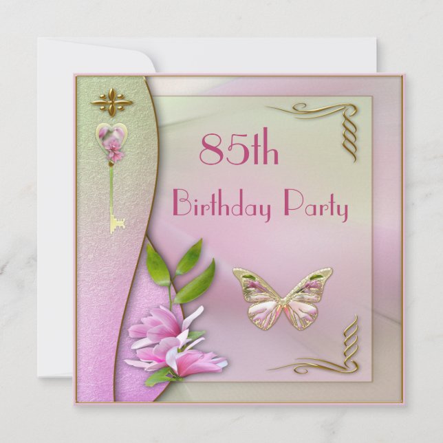 Glamourous Key, Magnolia & Butterfly 85th Birthday Invitation (Front)