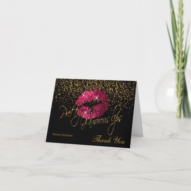 Glamourous Lips Hot Pink Lips on Black Thank You Card (Front)