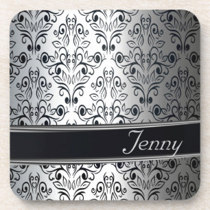 Glamourous luxury silver damask monogram coaster