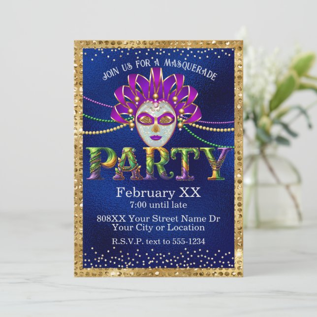 Glamourous Masquerade Mardi Gras Party Invitation (Standing Front)