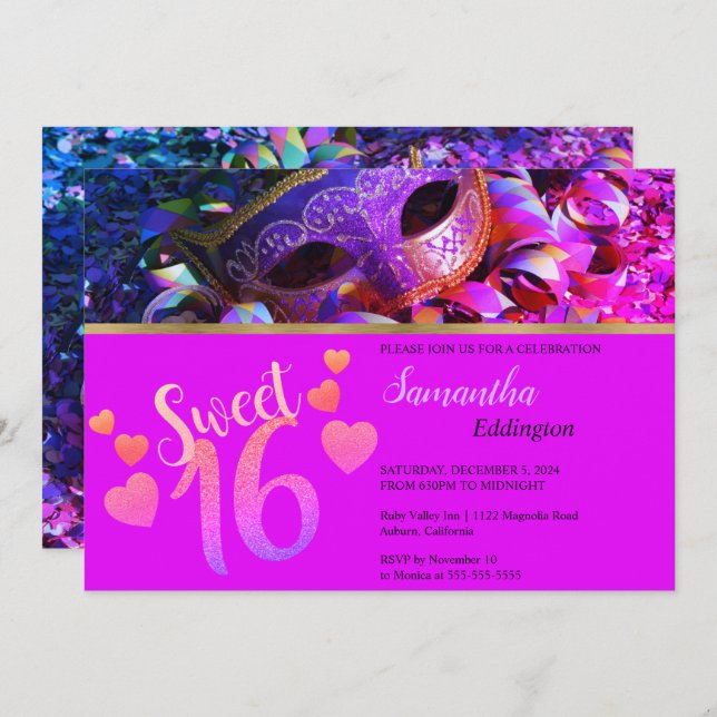 Glamourous Masquerade Sweet 16 Invitation (Front/Back)