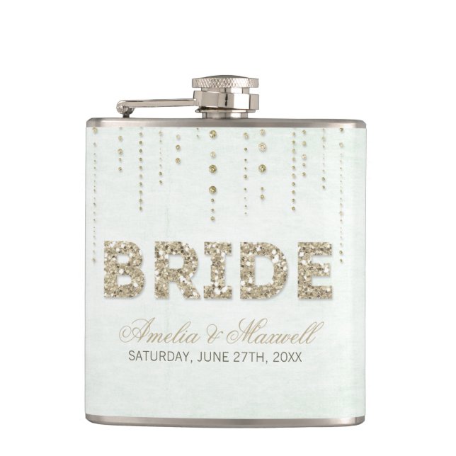 Glamourous Mint Green & Gold Glitter BRIDE Hip Flask (Front)
