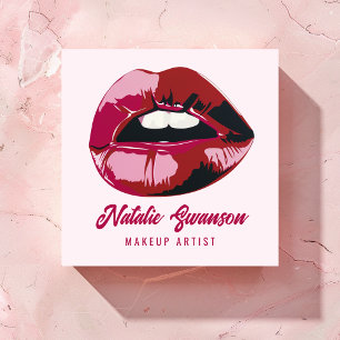 Glamourous Modern Bold Pink Lips Makeup Beauty Square Business Card