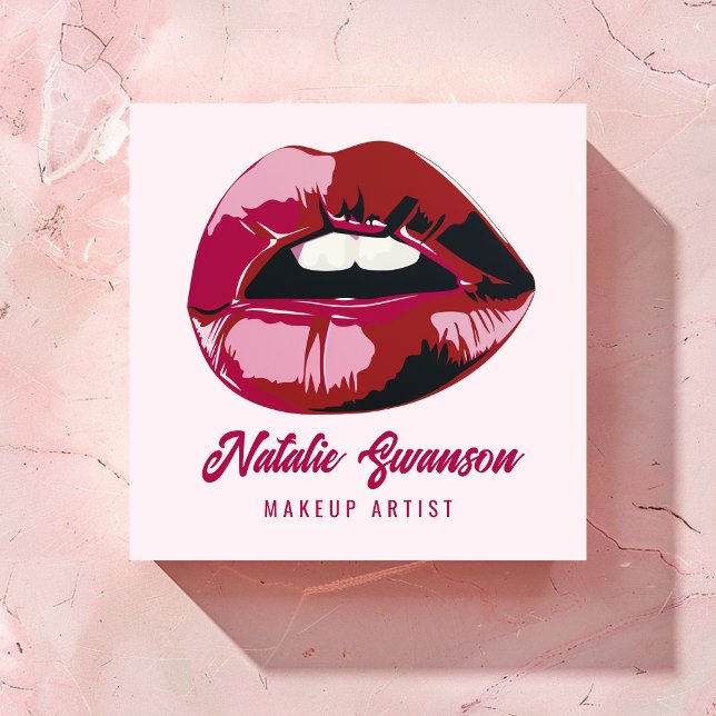 Glamourous Modern Bold Pink Lips Makeup Beauty Square Business Card (Creator Uploaded)