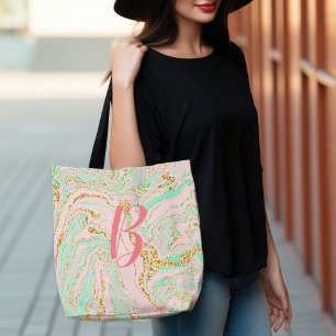 Glamourous Modern Pretty Pink Mint Gold Marbling Tote Bag