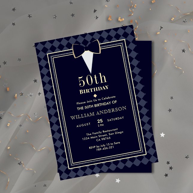 Glamourous Navy Blue & Gold Tuxedo Milestone Age Invitation (Glamorous Navy Blue & Gold Tuxedo Milestone Age Invitation )