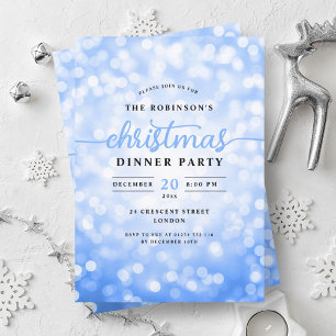 Glamourous Navy Blue Lights Christmas Dinner Party Invitation