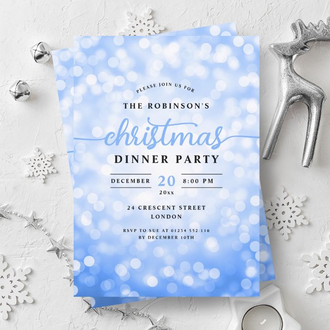 Glamourous Navy Blue Lights Christmas Dinner Party Invitation (Glamorous Navy Blue Lights Christmas Dinner Party Invitation)