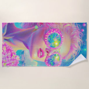 Glamourous Neon Woman with Sparkling Glasses Beach Towel