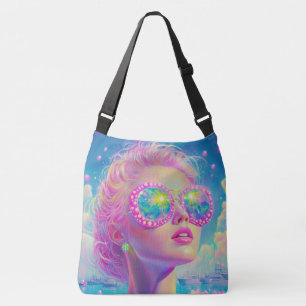 Glamourous Neon Woman with Sparkling Glasses Crossbody Bag