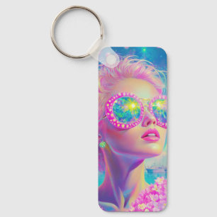 Glamourous Neon Woman with Sparkling Glasses Key Ring