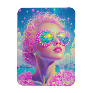 Glamourous Neon Woman with Sparkling Glasses Magnet