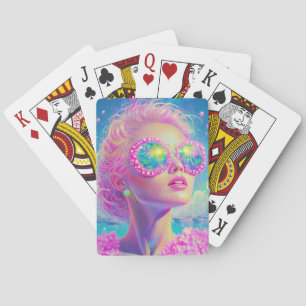 Glamourous Neon Woman with Sparkling Glasses Playing Cards