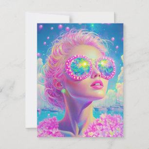 Glamourous Neon Woman with Sparkling Glasses Postcard