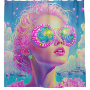 Glamourous Neon Woman with Sparkling Glasses Shower Curtain